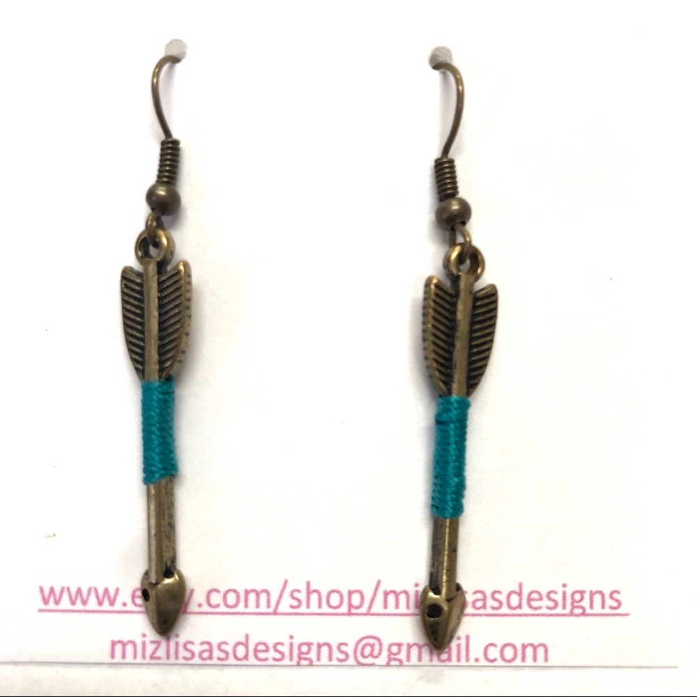Handmade Brass Turquoise Arrow Dangle Earrings NWT